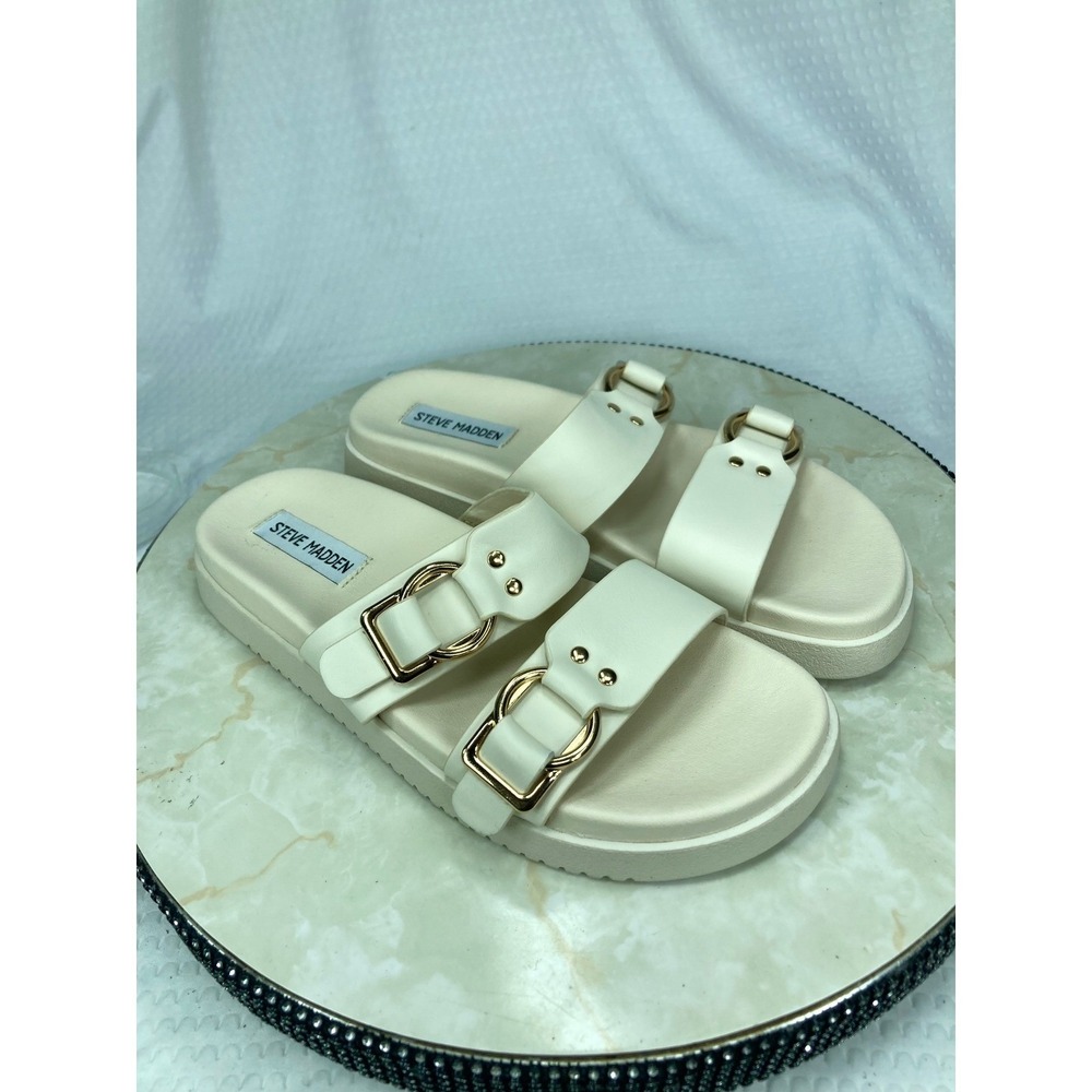 Steve Madden Hanni Buckle Platform Slide Sandals Womens 8 Cream Comfort Slip On
